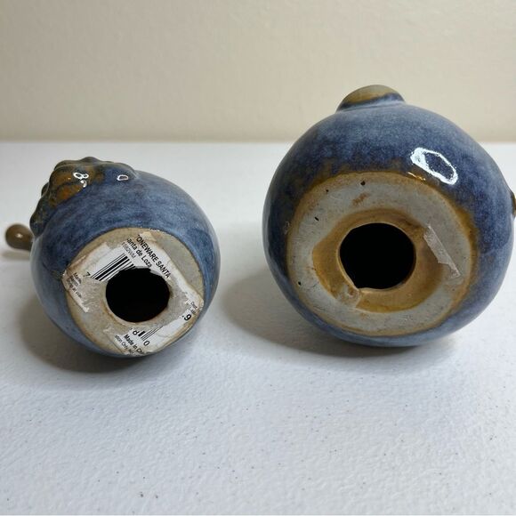 Pair Stoneware Pottery Santas Blue Coats Tall and Short Round Whimsical Folky - Picture 10 of 12